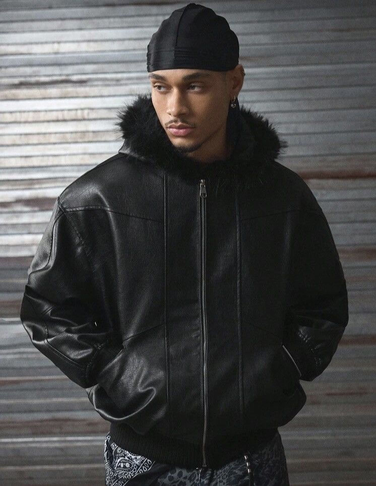 Japanese Brand Black Faux Leather Bomber Jacket with Fur Lining Size US XL / EU 56 / 4 - 6 Thumbnail