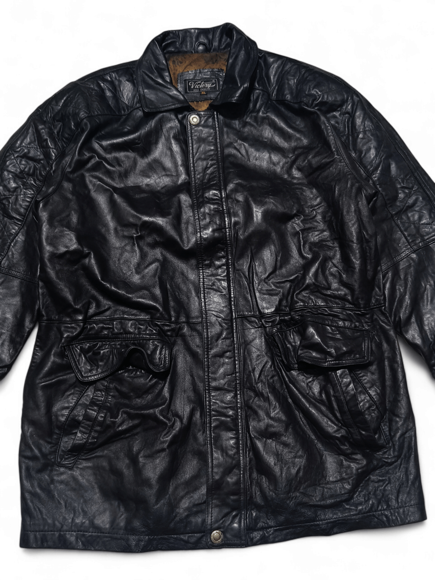 Vintage Vintage Y2K VICTORY Black Genuine Leather Long Coat Jacket Size US XL / EU 56 / 4 - 2 Thumbnail