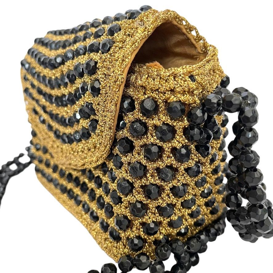 Vintage Vintage Italian Gold Crochet Black Bead Glam Evening Bag Size ONE SIZE - 8 Thumbnail