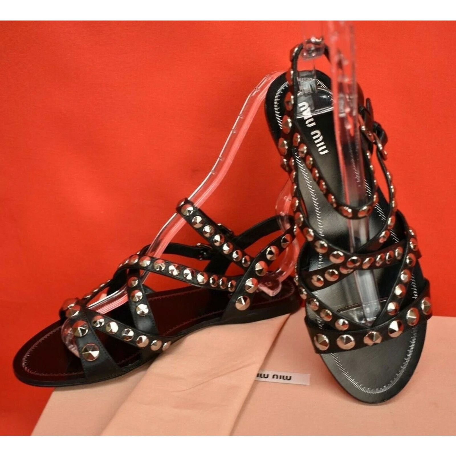 Miu Miu MIU MIU PRADA 5X8709 BLACK LEATHER STUDDED FLATS SANDALS 37 Size US 7 / IT 37 - 1 Thumbnail
