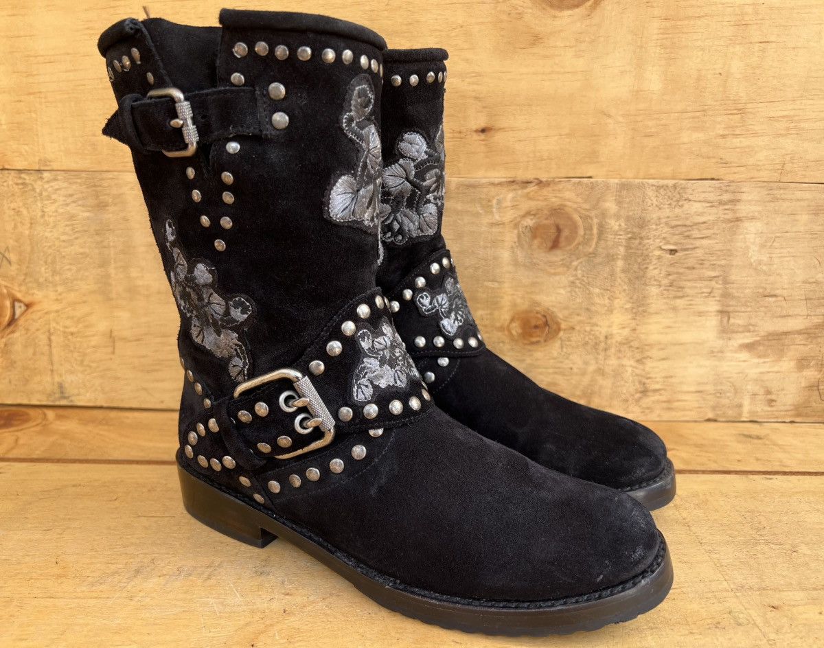 Frye Frye Women's NAT Flower Black Suede Engineer Boots Size US 7 / IT 37 - 6 Thumbnail