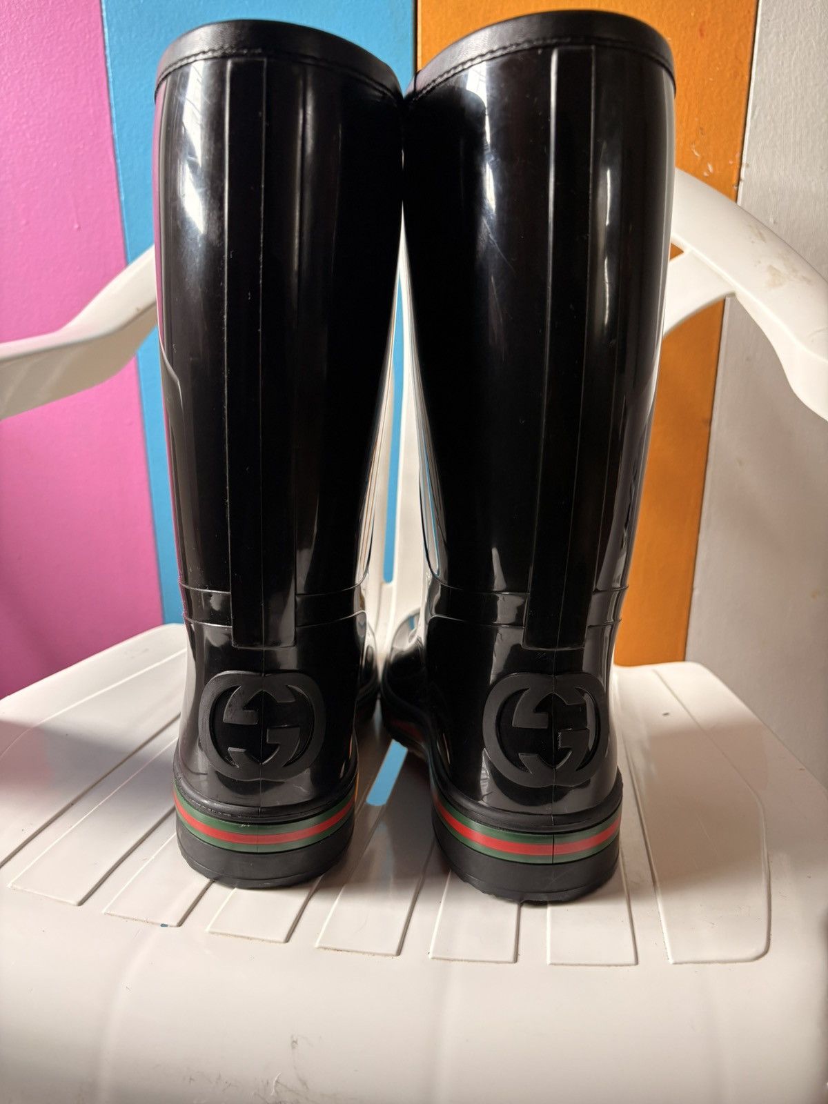 Gucci Gucci Men’s Black Rubber Rain Boots Web Stripe GG Logo Size US 10 / EU 43 - 3 Thumbnail
