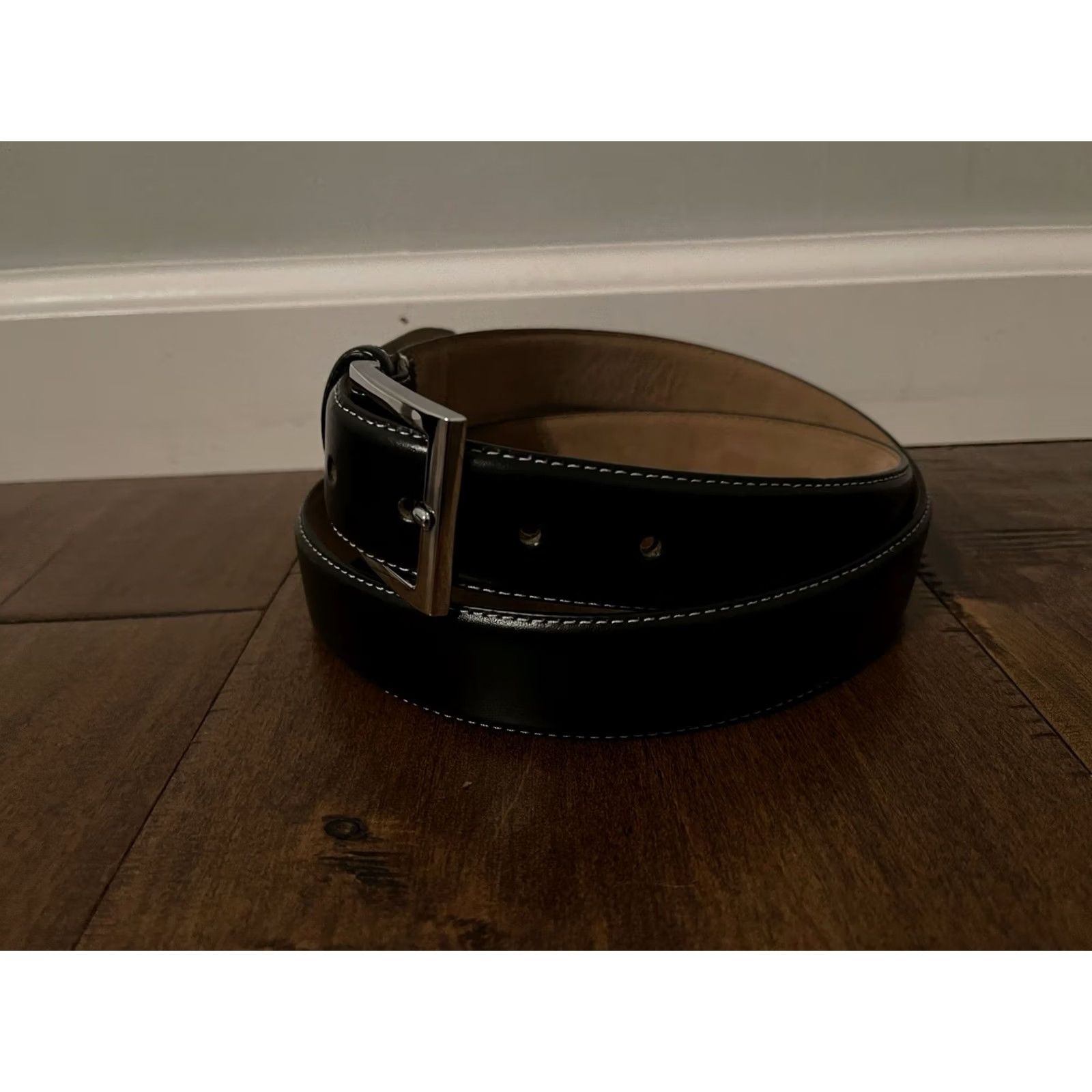 Cole Haan Cole Haan Dress Belt Black Italian Bonded Leather Silver Hardware Men's 38/95 Size 38 - 2 Thumbnail