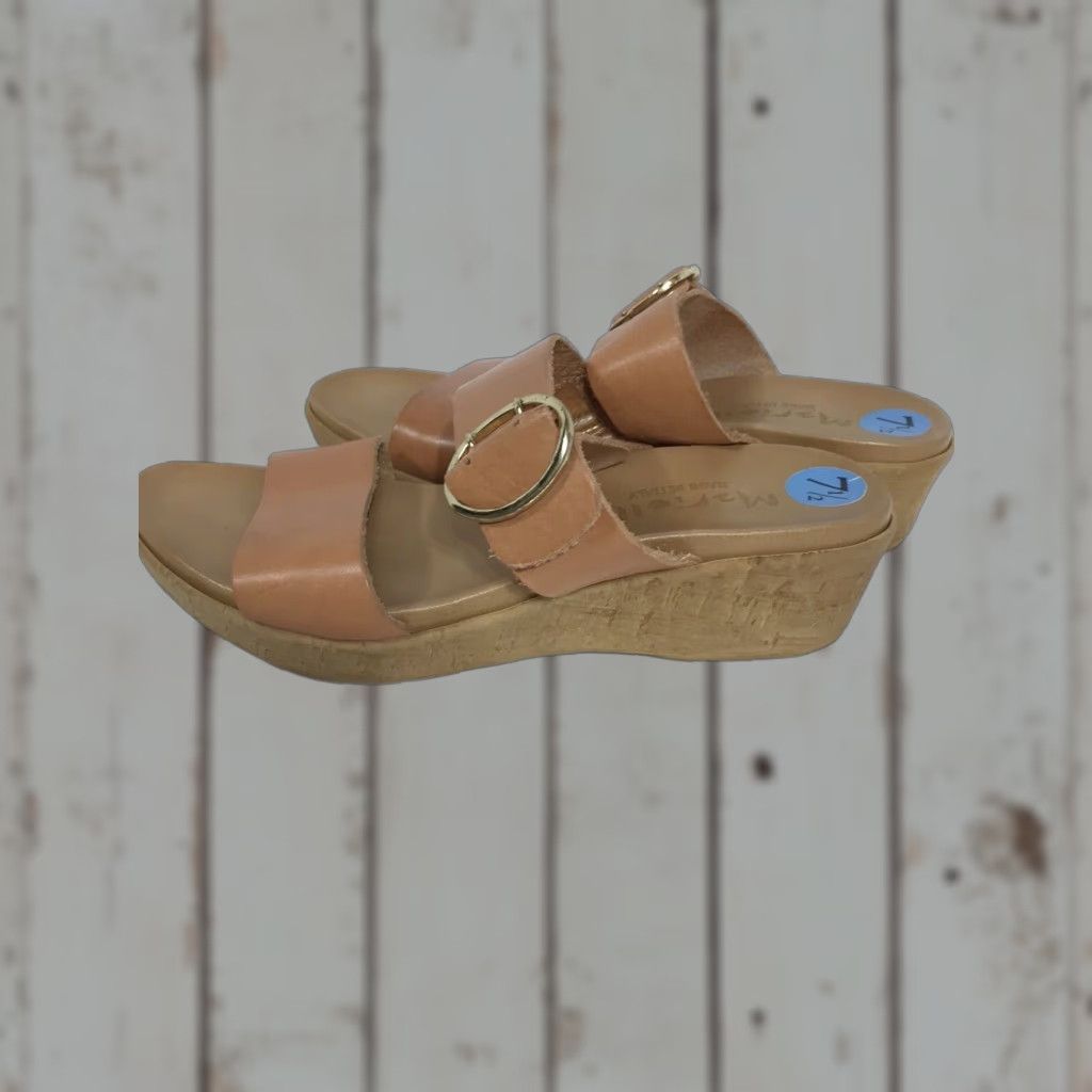Vintage Mariella Beige Leather Adjustable Buckle 2in Wedge Slides Womens Size 7.5 Italy Size US 8 / IT 38 - 1 Thumbnail