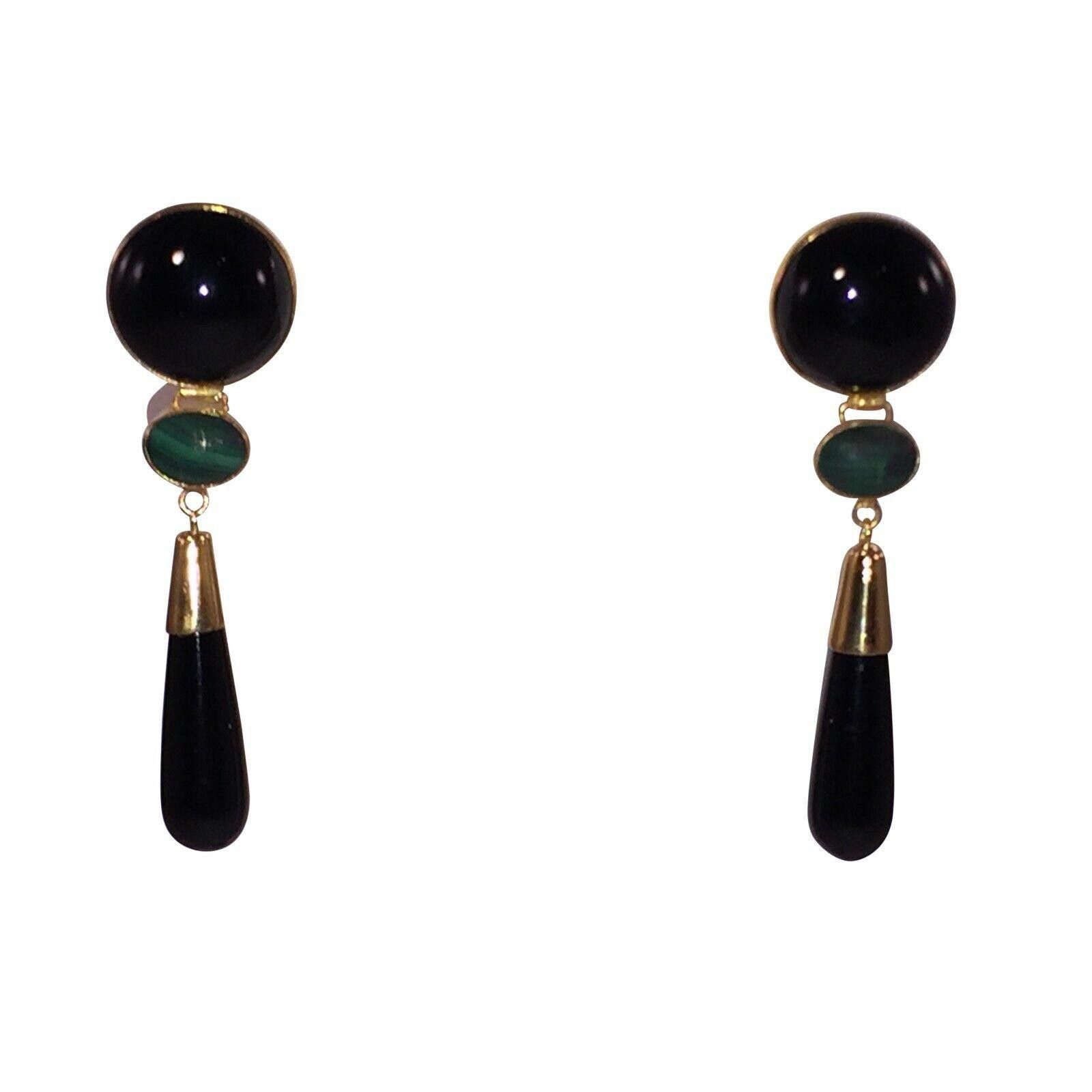 Designer Chinese 18ktGold Plated Sterling Onyx Malachite Drop Earring Size ONE SIZE - 2 Thumbnail