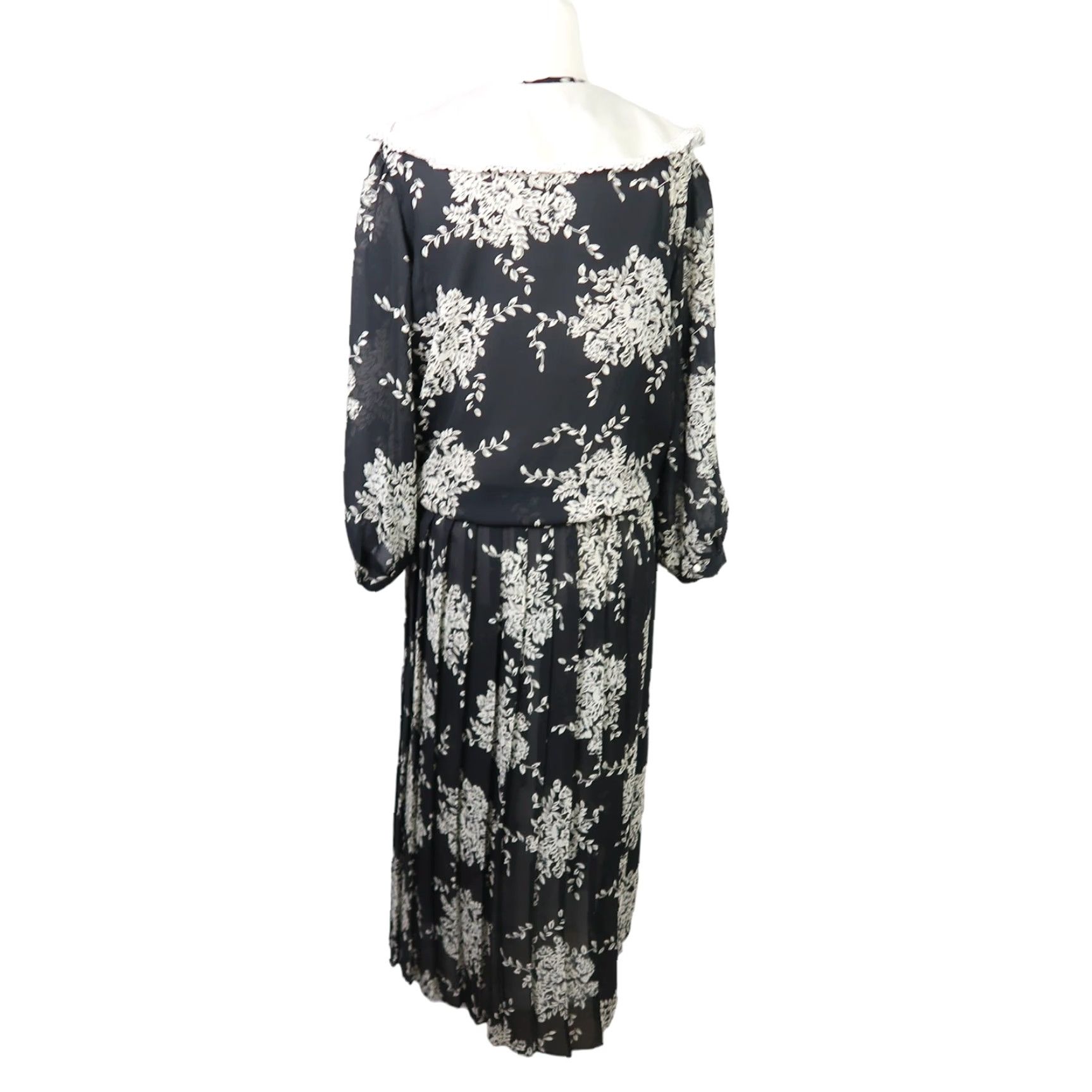 Vintage VINTAGE 80s black and cream floral print collared midi dress 12 Size XL / US 12-14 / IT 48-50 - 4 Thumbnail