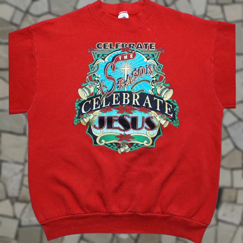 Fruit Of The Loom VINTAGE Fruit of the Loom Sweatshirt Crewneck Unisex Adults Red 1994 90s Christmas Jesus USA L Size US L / EU 52-54 / 3 - 1 Thumbnail