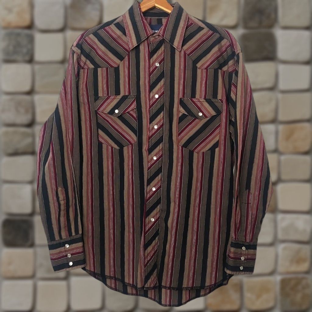 Wrangler Wrangler Western Shirt Large Brown Maroon Stripe Long Sleeve Pearl Snap Cowboy Mens Size US L / EU 52-54 / 3 - 1 Thumbnail