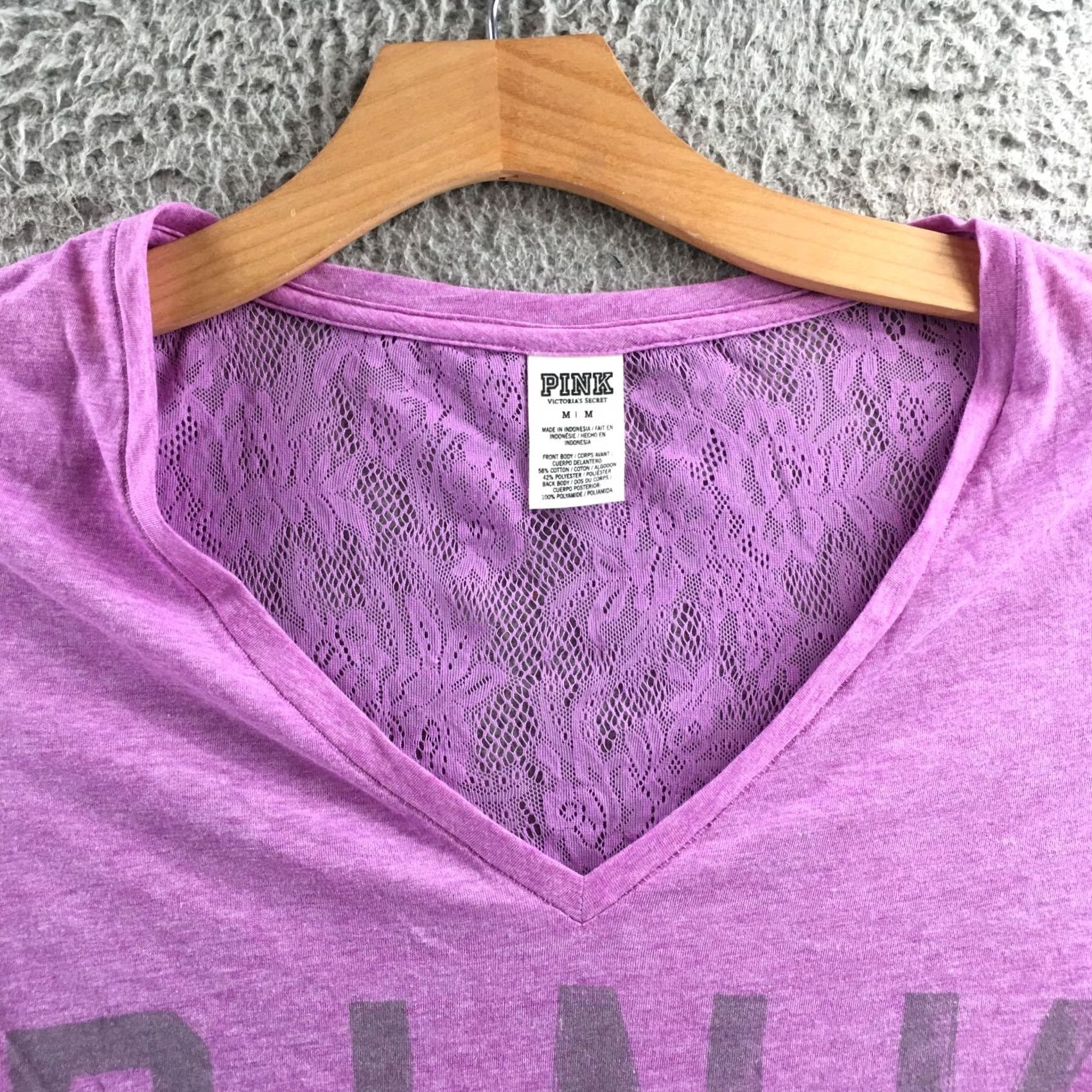 Victoria's Secret Victoria's Secret PINK Top Womens M Purple V-Neck Tee Lace Back Graphic Logo Shirt Size M / US 6-8 / IT 42-44 - 3 Thumbnail