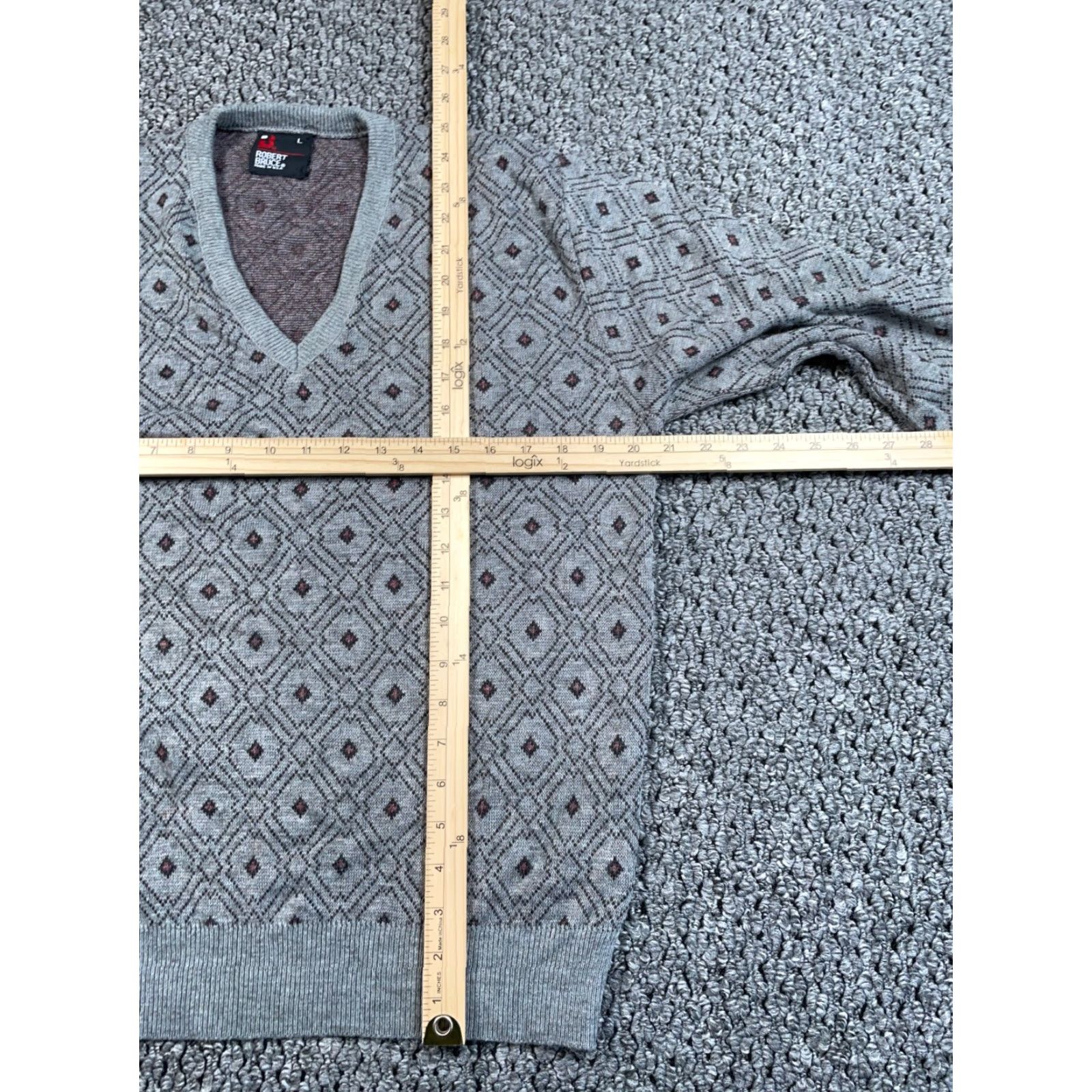 Vintage VINTAGE Robert Bruce Geometric Knit Sweater Adult Large Gray Lightweight V-Neck 80s Mens Size US L / EU 52-54 / 3 - 5 Thumbnail