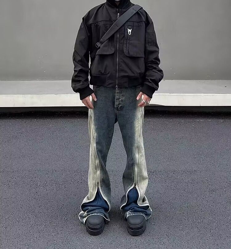 Street wash gradient grunge zipper micro-flare jeans