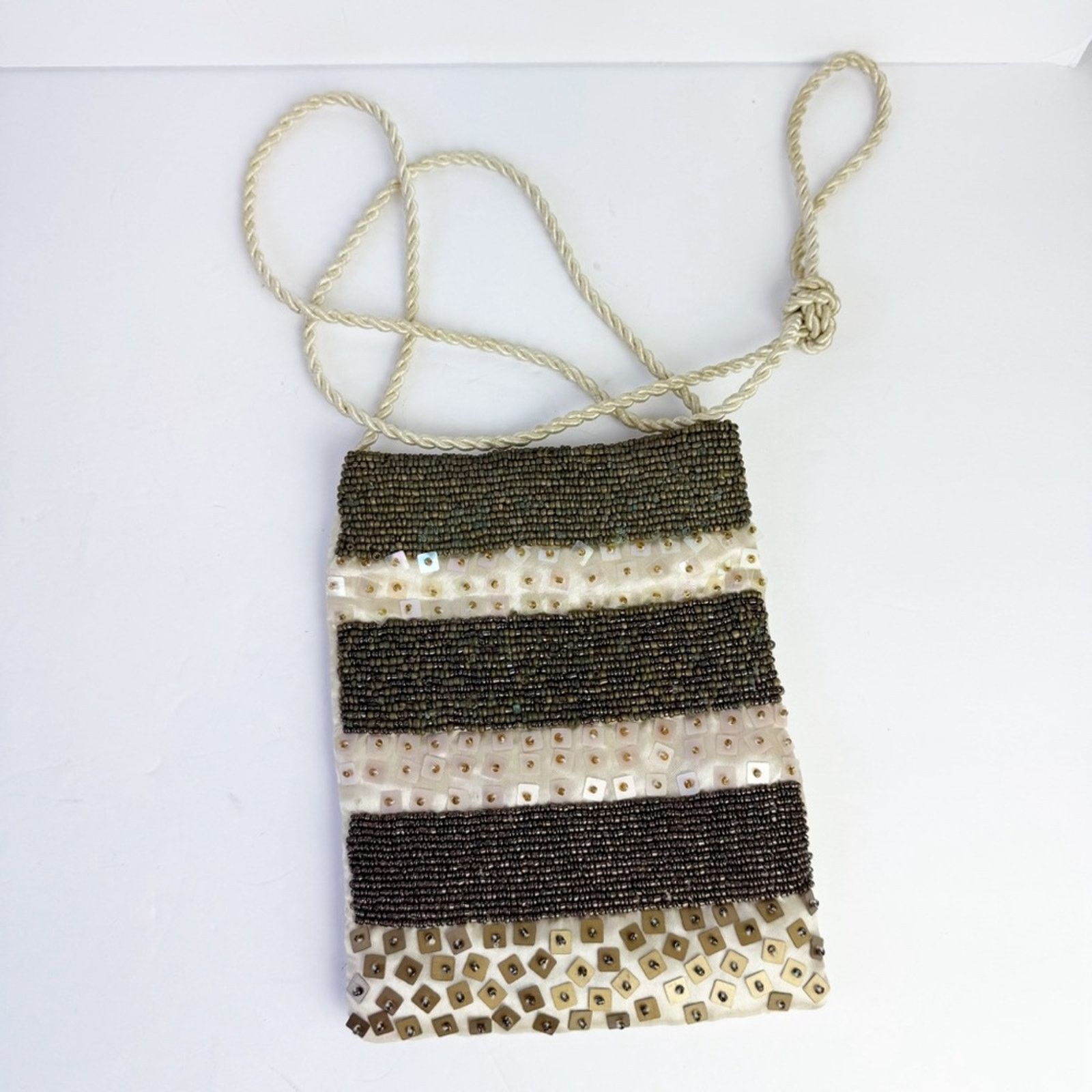 Vintage Cream Silk Bronze Beaded Sequined Evening Evening Bag 5x7 Size ONE SIZE - 2 Thumbnail