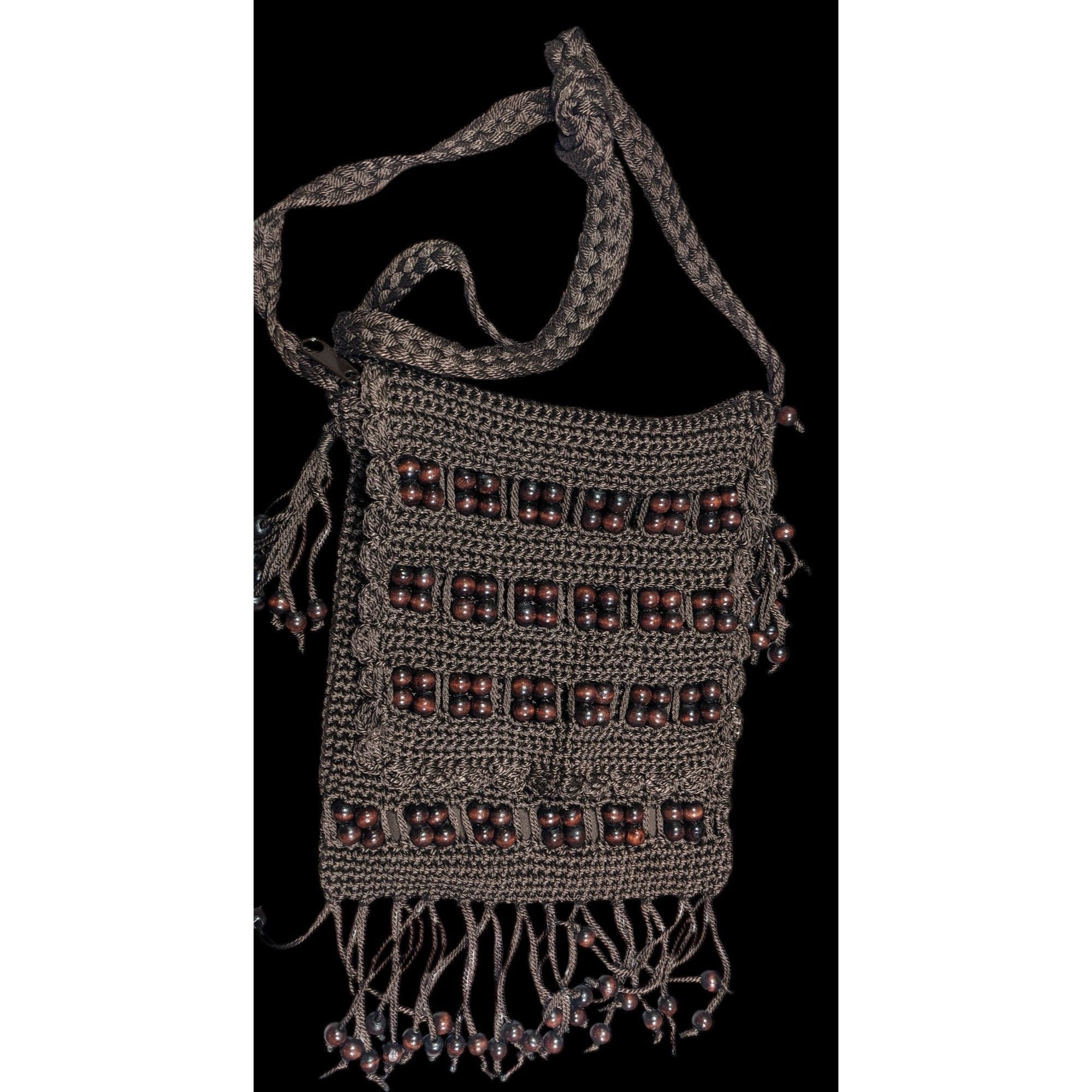 Other Chateau Boho Brown Crochet Beaded Crossbody Bag With Fringe Size ONE SIZE - 1 Thumbnail