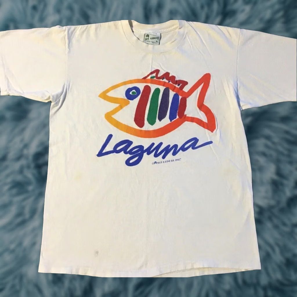 Vintage VINTAGE Laguna Abstract Fish Shirt M Mens White Graphic Tee 80s 90s Beach Surf Grunge Ocean Pacific USA Billabong Hang Ten Dogtown Quiksilver Ocean Size US M / EU 48-50 / 2 - 1 Thumbnail