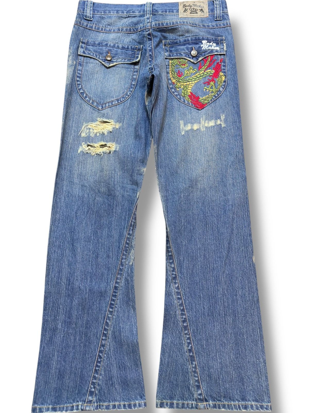 Karakuri Tamashii Vintage Body Maker Flare Mudwash Dragon Embroidery Denim Size US 33 - 6 Thumbnail