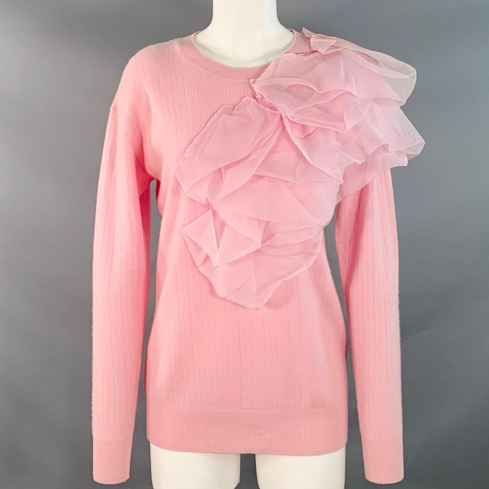 XS Pink Wool Blend Knit Ruffled Crew Neck Pullover