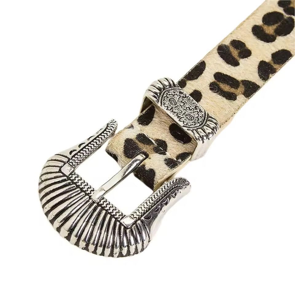 Japanese Brand Khaki Leopard Print Western PU Leather Belt Size ONE SIZE - 3 Thumbnail