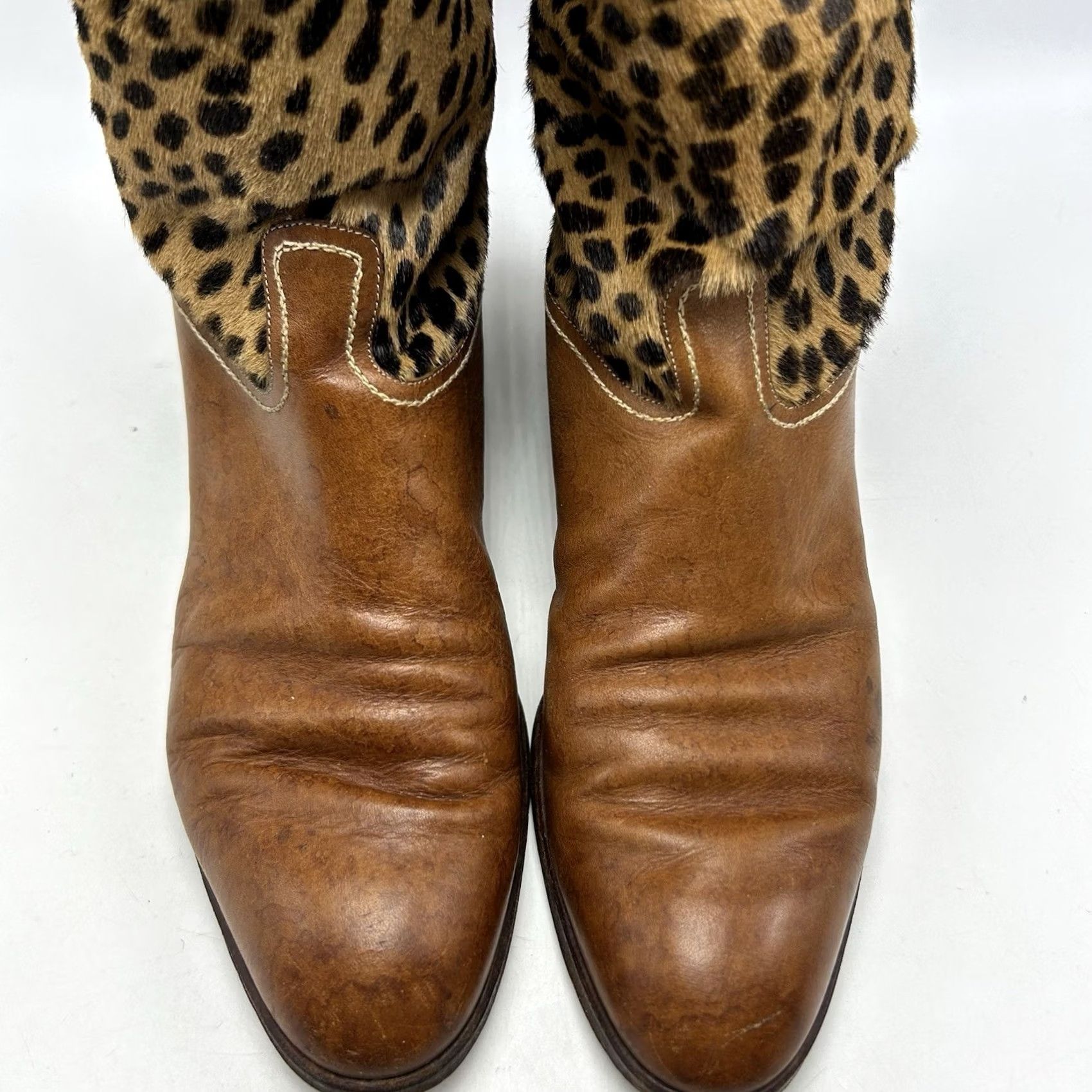 Vintage Studio Pollini Boots Womens 9 AA Brown Leather Knee High Animal Print Riding Boot Block Heel Leather Outsole Italy Vintage No Size US 9 / IT 39 - 4 Thumbnail