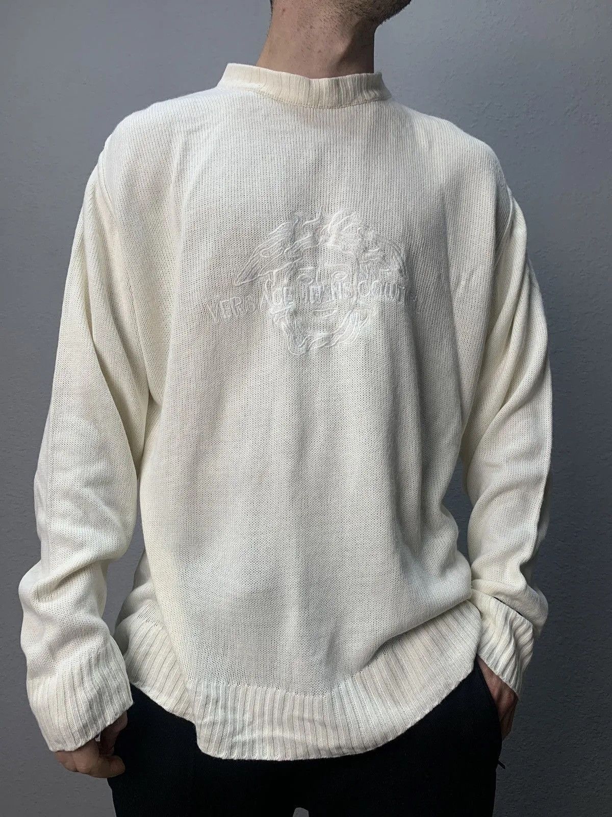 Versace Jeans Couture × Vintage Vintage Versace Jeans Couture Distressed Striped Sweater Y2K Size US XL / EU 56 / 4 - 2 Thumbnail