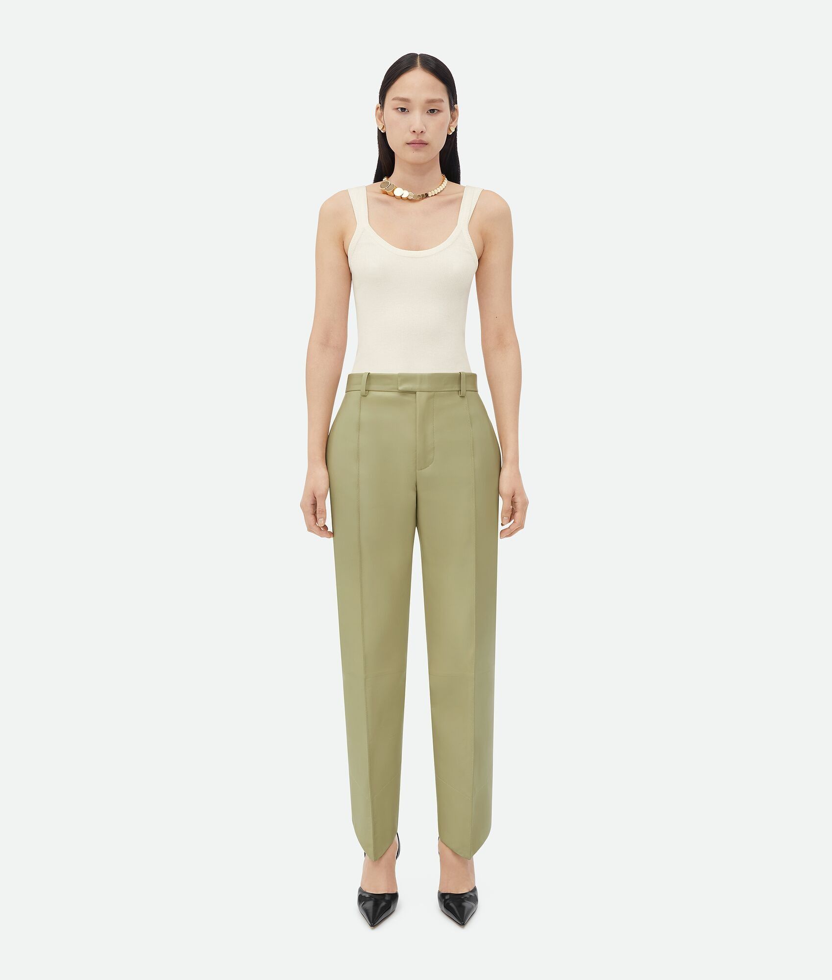 Bottega Veneta o1n1vont0325 Curved Shape Leather Trouser in Green Size 28" / US 6 / IT 42 - 1 Thumbnail
