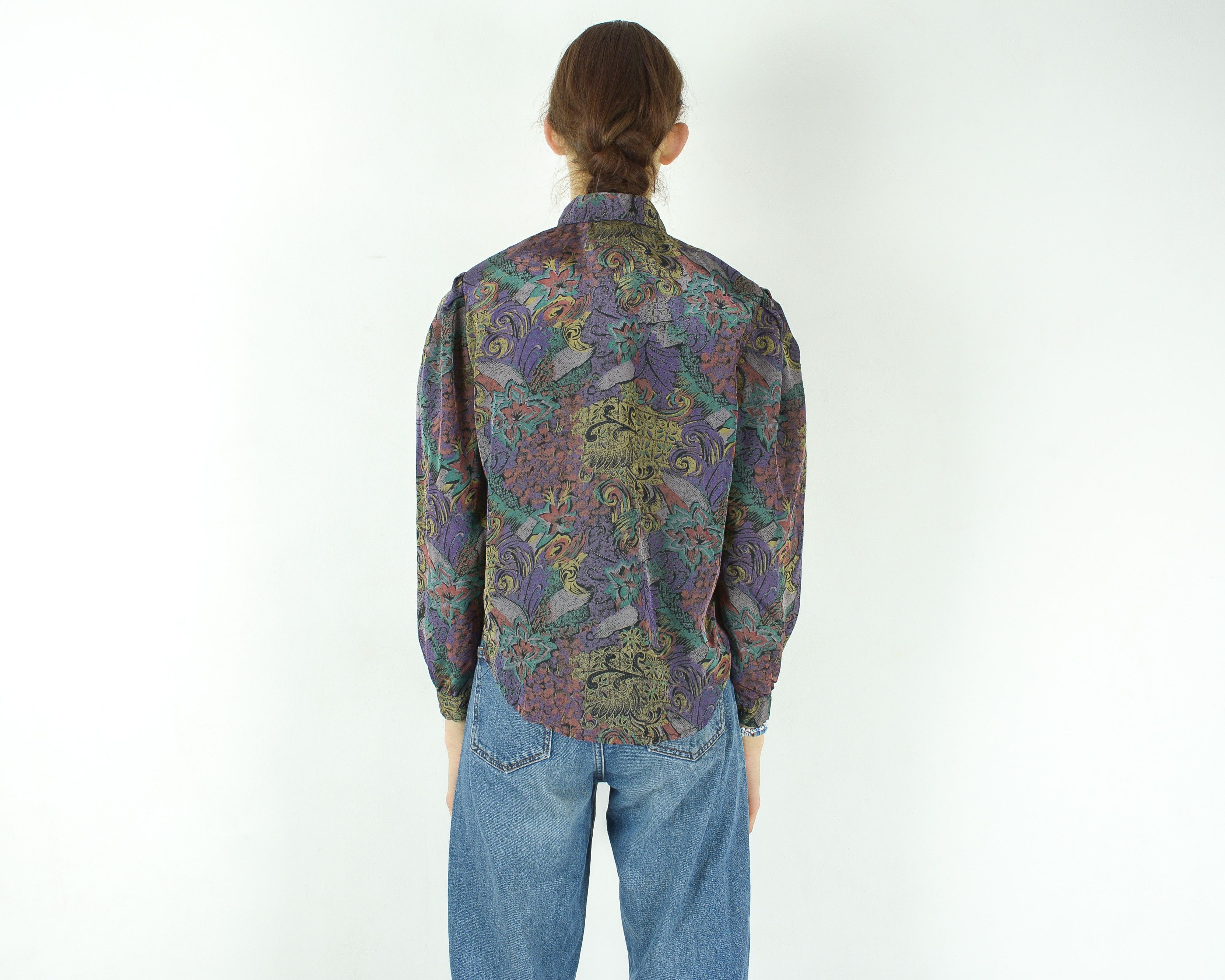 Other × Vintage HA-Gi TEKS Button Up Shirt Shoulder Padded Blouse Patterned Size XS / US 0-2 / IT 36-38 - 3 Thumbnail