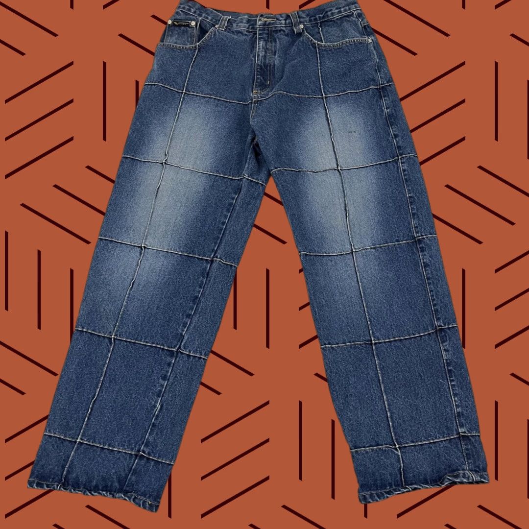 VINTAGE Vibes Gold Label Jeans Mens 34 x 31 Blue Denim Patchwork Skater Grunge Y2K Jeans Mens Blue Patchwork 34x31 Grunge Skater Y2K