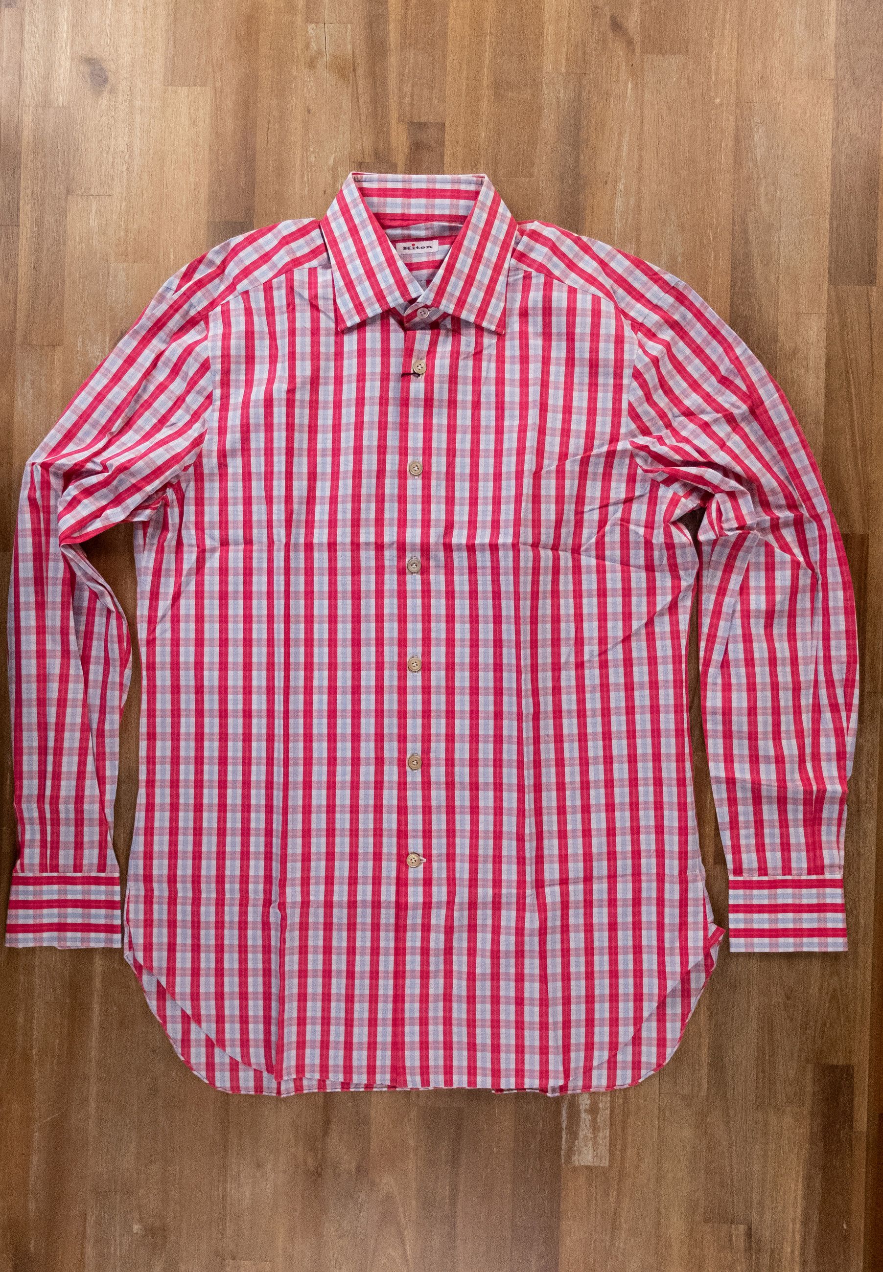 Kiton KITON Napoli pink white plaid motif formal dress shirt 41 16 Size US L / EU 52-54 / 3 - 1 Thumbnail