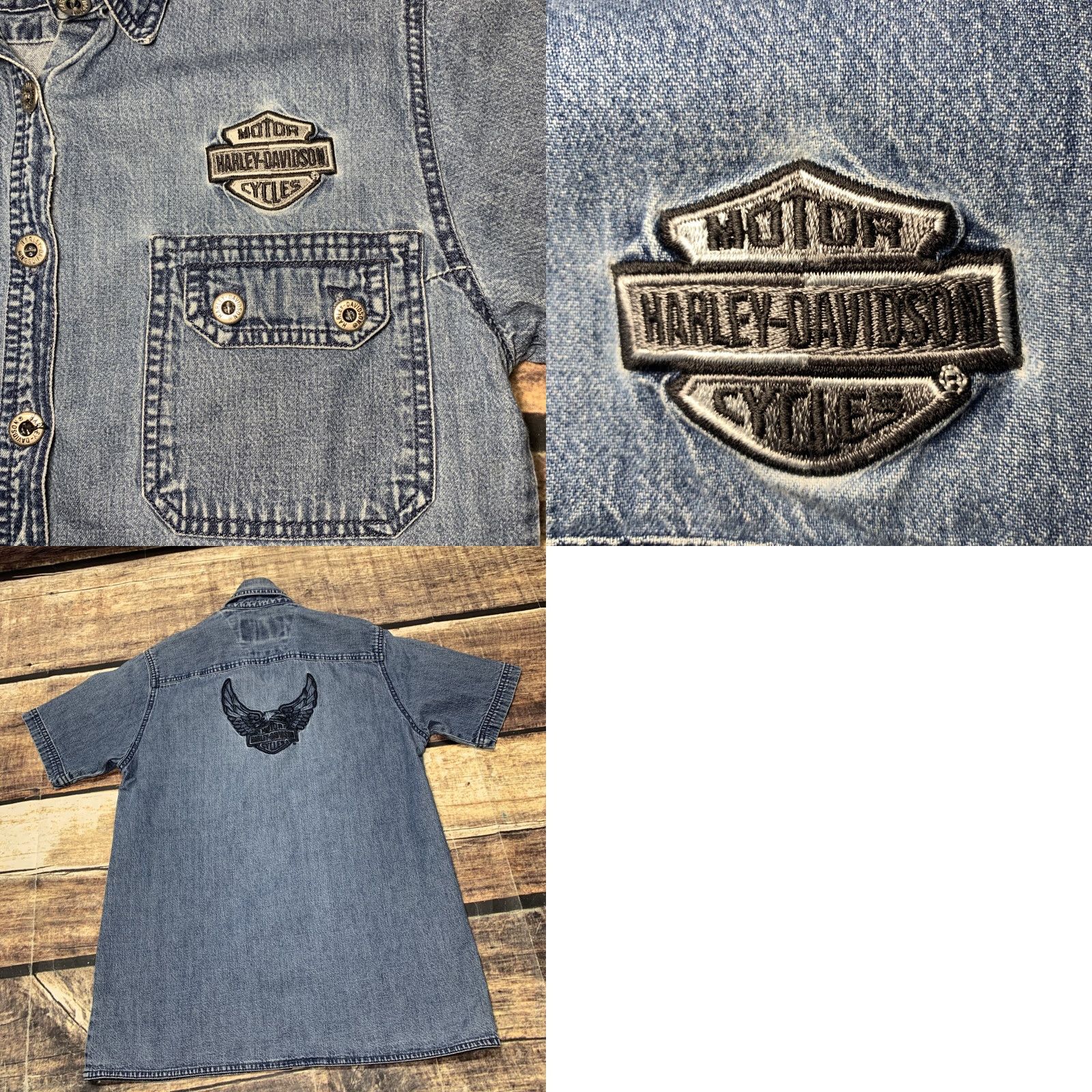 Harley Davidson Harley-Davidson Women's Small Denim Button-Down Shirt Short Sleeve Logo Cotton Size S / US 4 / IT 40 - 8 Thumbnail