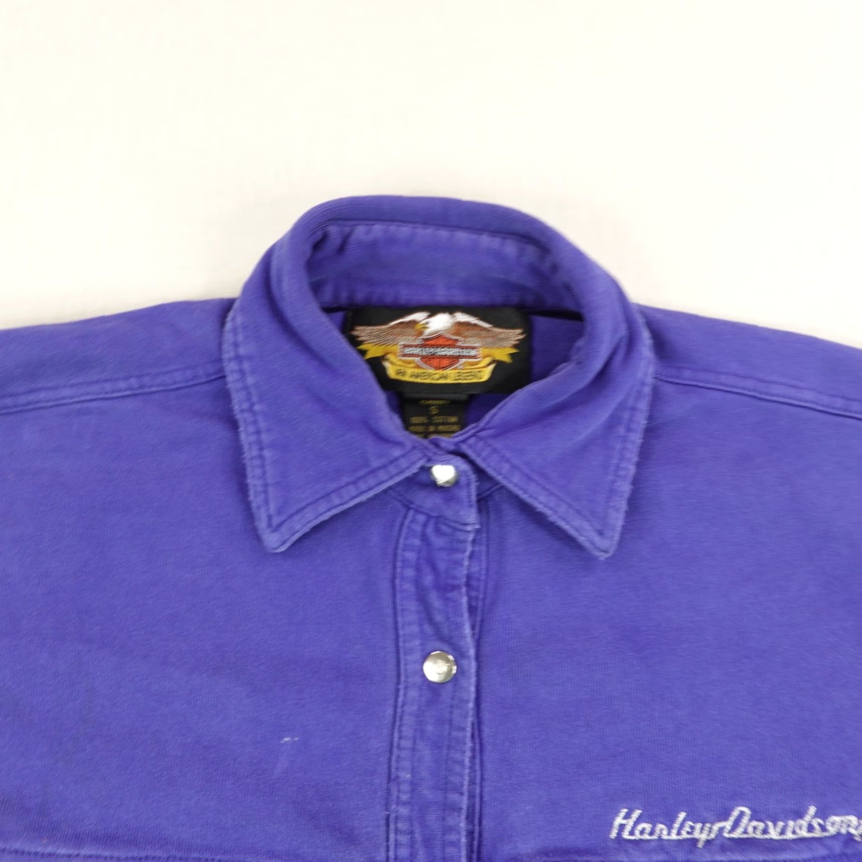 Harley Davidson VINTAGE Harley-Davidson Button-Up Shirt Womens Small Blue Long Sleeve Pearl Snap Motorcycle 90s Western Size S / US 4 / IT 40 - 2 Thumbnail