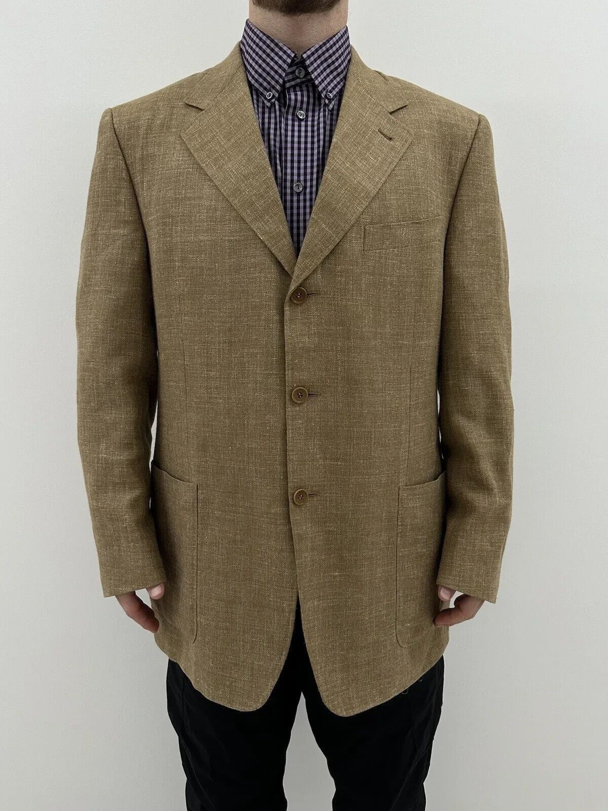 Canali Canali Blazer Sport Coat Mens Tan Plaid Silk Wool Linen Size 44R - 1 Thumbnail