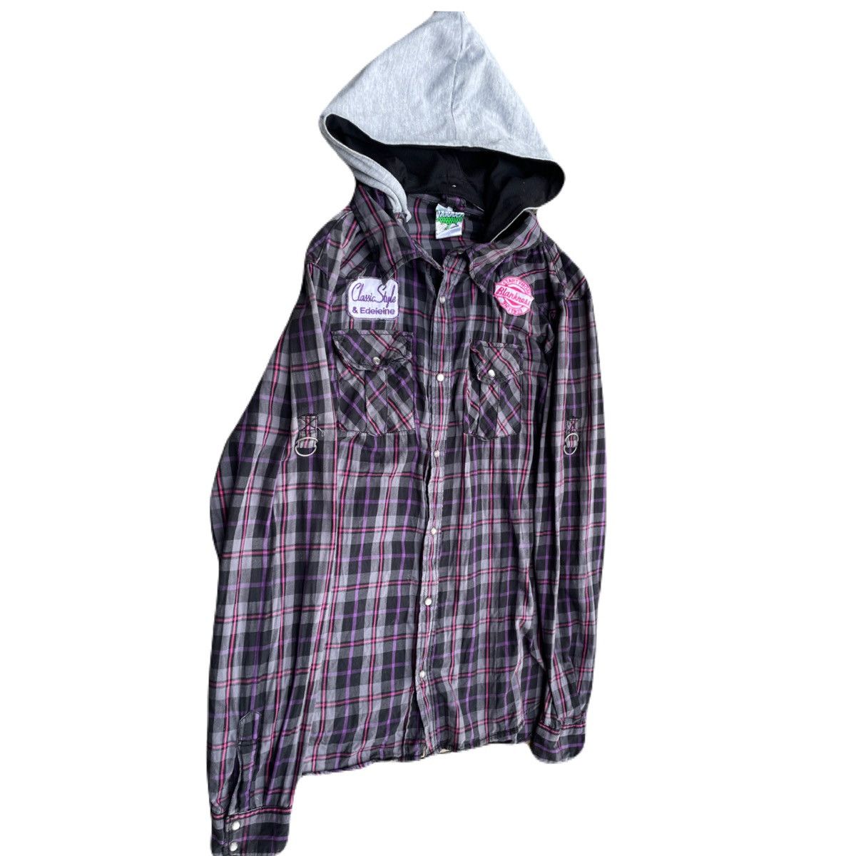 If Six Was Nine 2000s Japanese archive Vkei Patch Plaid Hooded Shirts Gyaruo Size US M / EU 48-50 / 2 - 3 Thumbnail