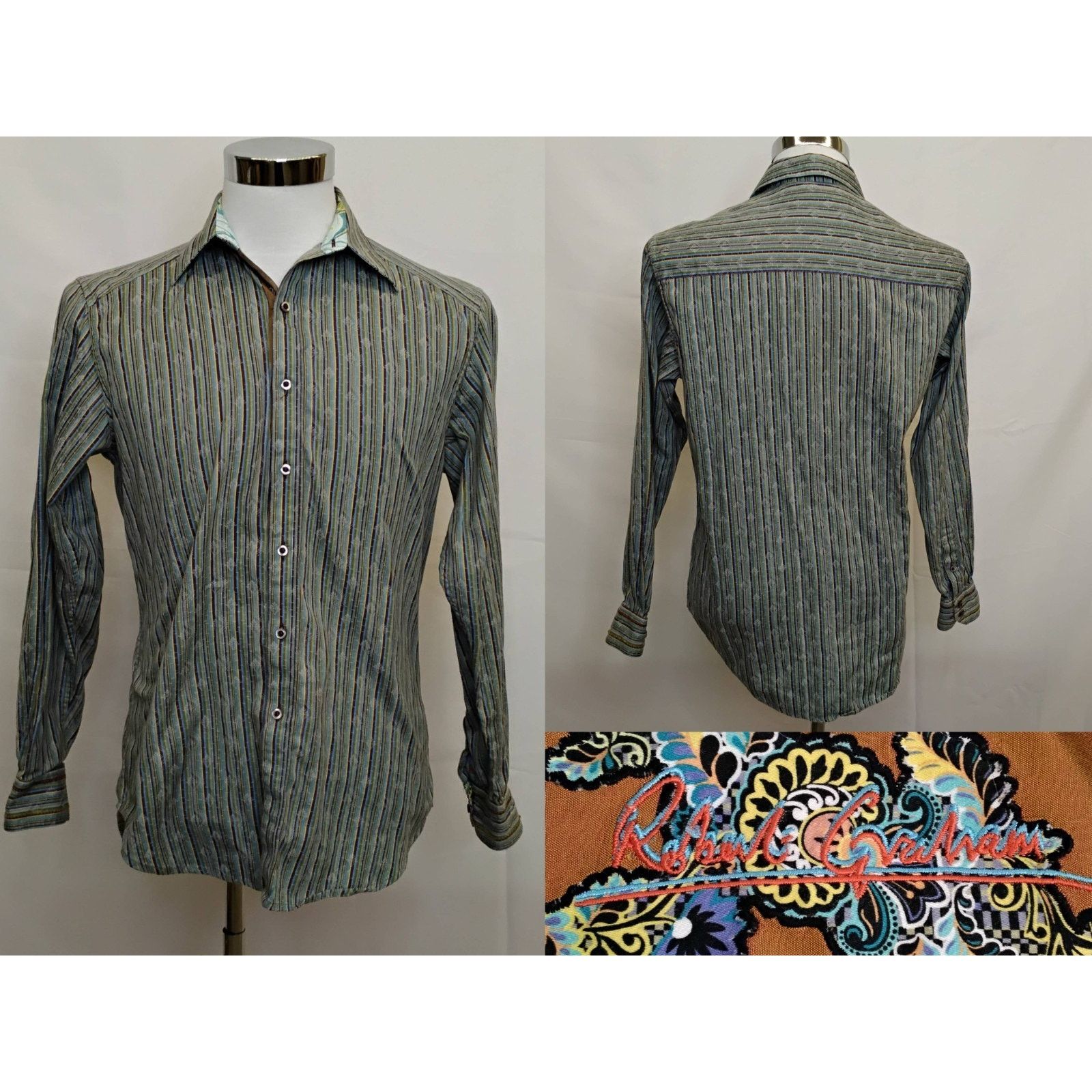 Robert Graham Robert Graham Dress Shirt Men's S Green Blue Stripes Paisley Size US S / EU 44-46 / 1 - 1 Thumbnail