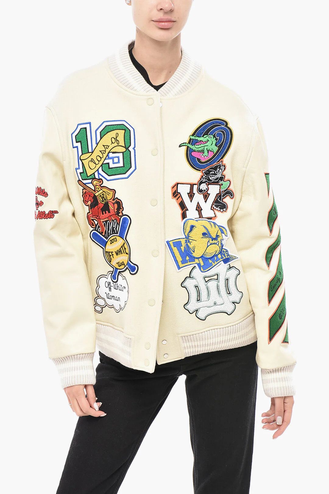 Off-White og1mm0426 Leather Sleeves/Embellishments Bomber Jacket White Size M / US 6-8 / IT 42-44 - 2 Thumbnail