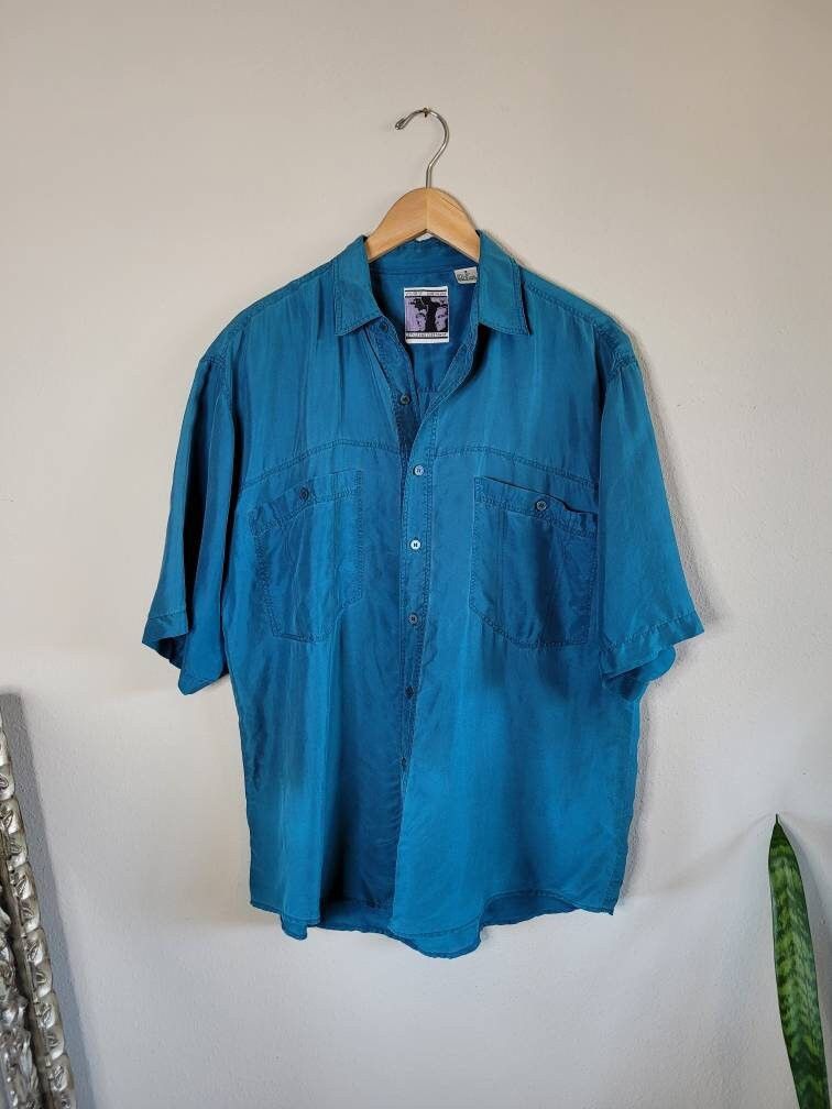 Vintage Vintage 80s/90s Relaxed Teal Silk Short Sleeve Button-up Size US L / EU 52-54 / 3 - 3 Thumbnail