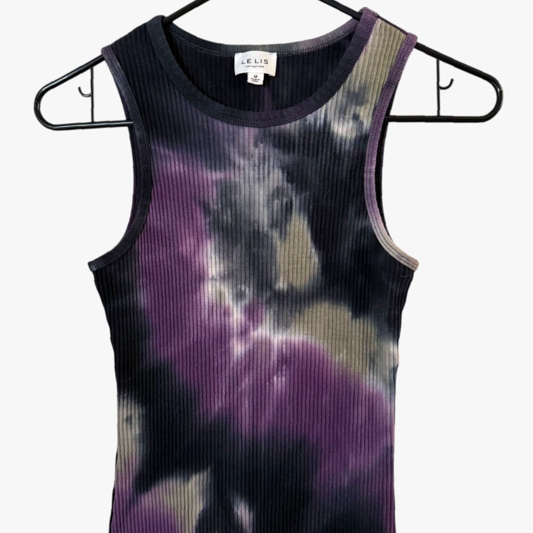 Vintage Le Lis Tie-Dye Midi Dress Purple & Blue Women's M Bodycon Ribbed-Knit Sleeveless Round Neck Pullover Casual Midi Dress Fall Spring Summer City Theme Size M / US 6-8 / IT 42-44 - 5 Thumbnail