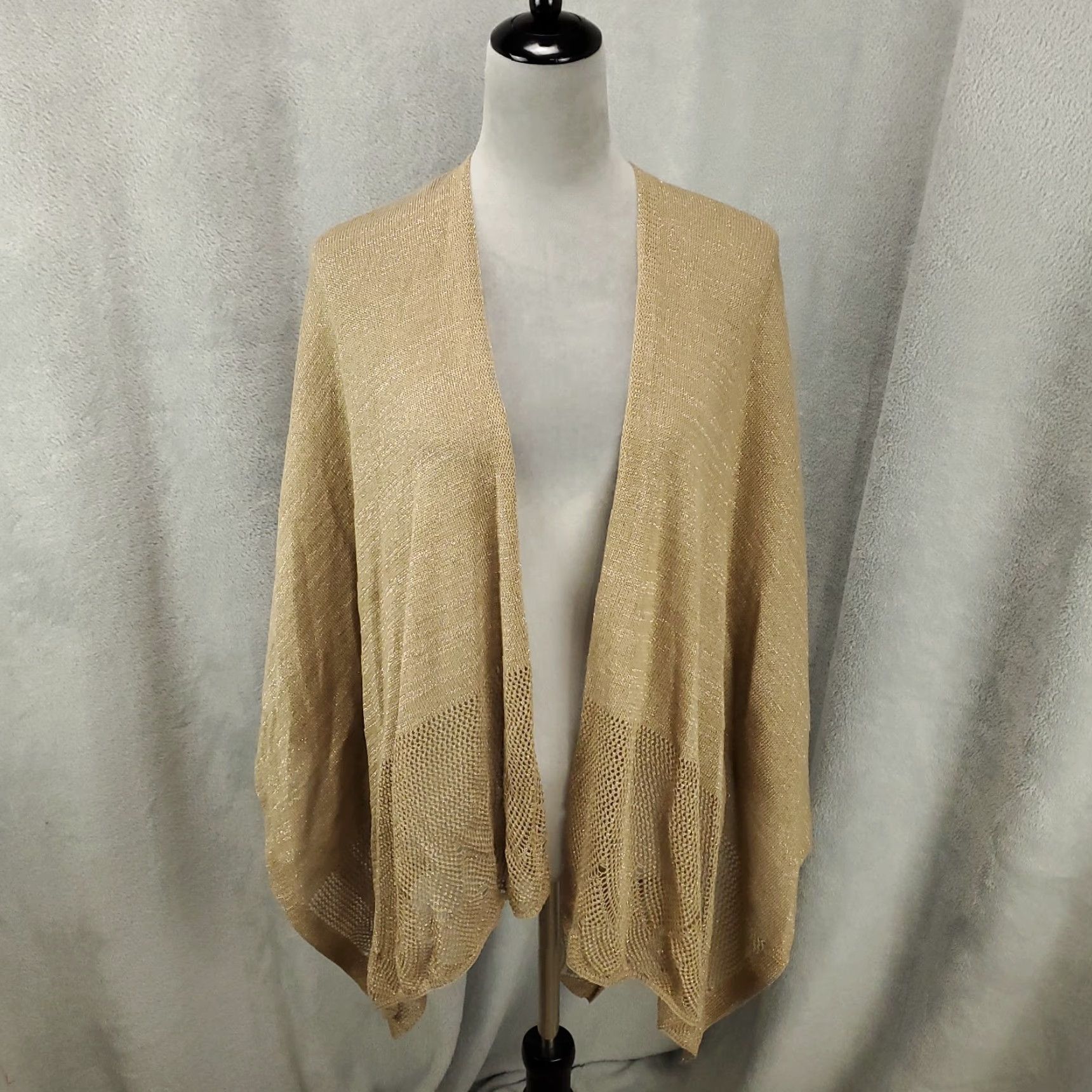 Vintage Adrienne Vittadini Womens Cardigan One Size Tan Knit Metallic Shimmer Flowy OSFA Size ONE SIZE - 2 Thumbnail