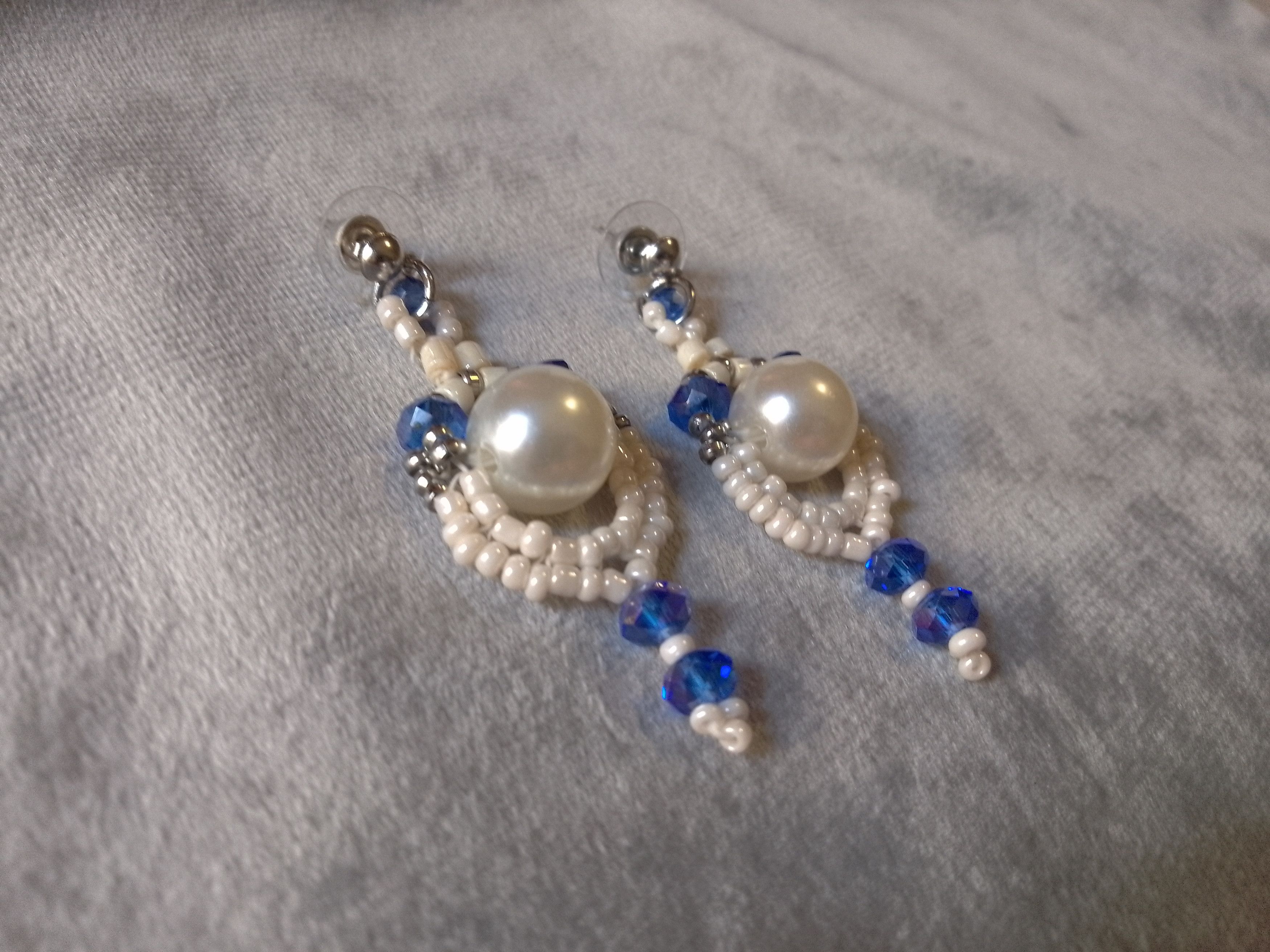Handmade Earrings Ivory Pearl Blue Crystal Elegant Size ONE SIZE - 3 Thumbnail