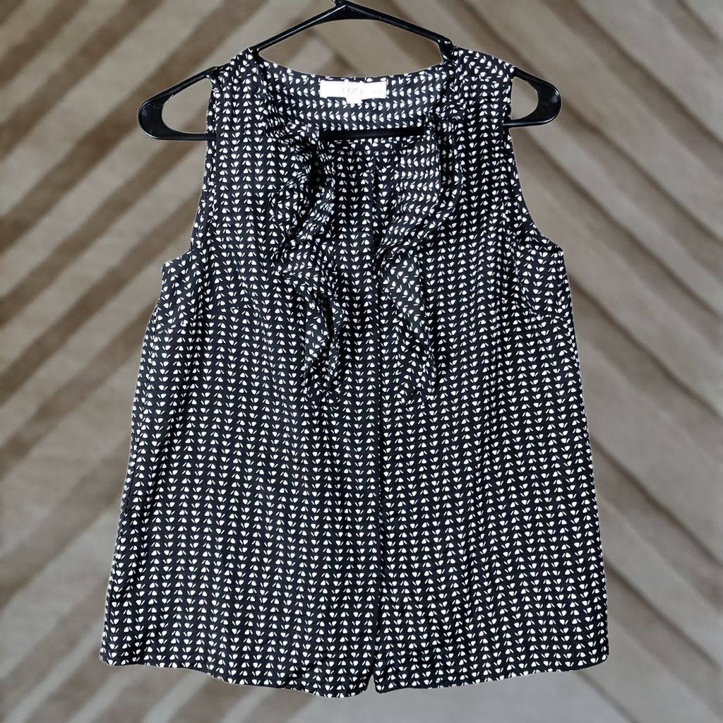 Loft LOFT Womens Blouse Black White Petite Sleeveless Ruffled Front PM Satin Polyester Pullover Round Neck Casual Workwear Moisture Lightweight Stretch Size M / US 6-8 / IT 42-44 - 1 Thumbnail