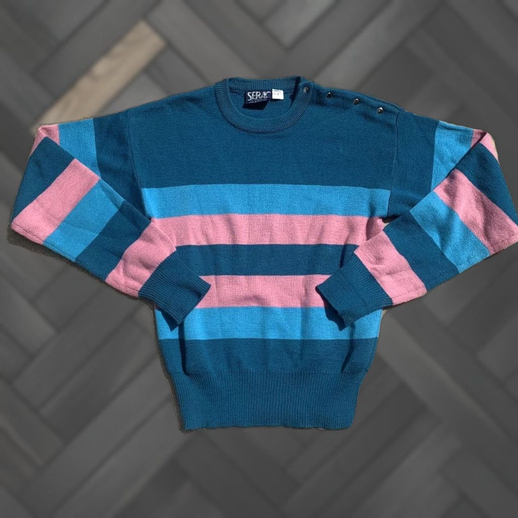 VINTAGE Serac by EIR Sports Sweater Wool Snap Shoulder S 80s 1980s Multi-Color Mens Womens Look: Sportswear/Beach