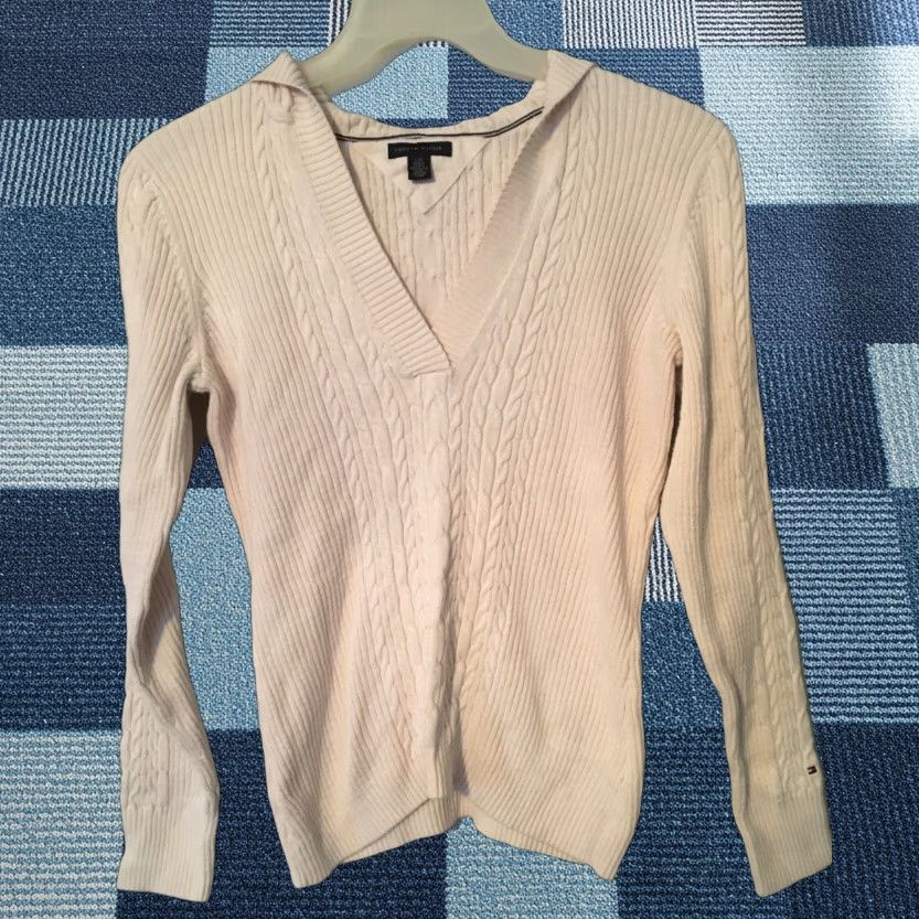 Tommy Hilfiger Tommy Hilfiger Women's Sweater L Ivory Hooded Cable Knit Pullover Long Sleeve V-Neck Size L / US 10 / IT 46 - 1 Thumbnail