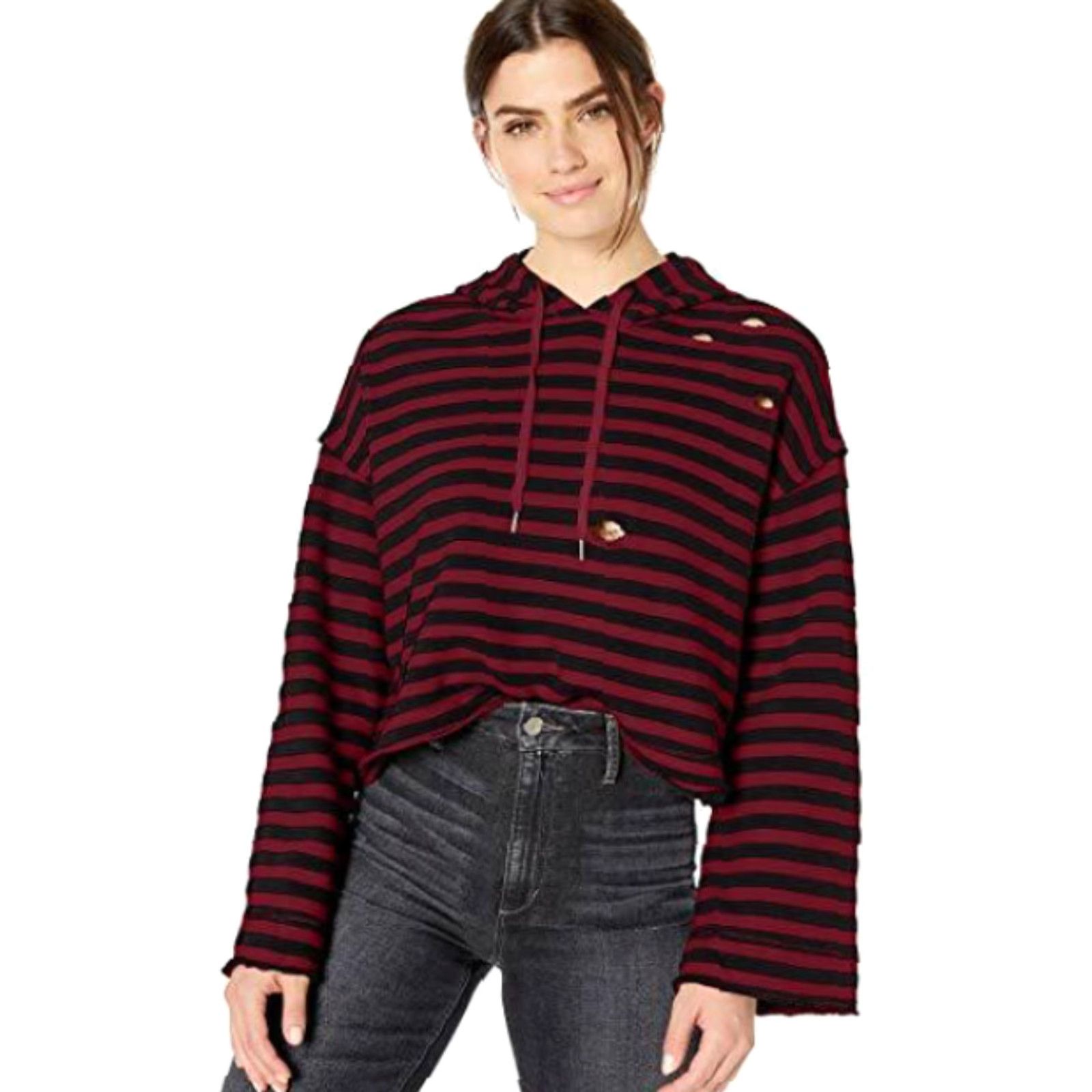Splendid Splendid Cropped Hoodie Striped Women's Size L Red Black Pullover Sweatshirt/ Hoodie Size L / US 10 / IT 46 - 2 Thumbnail