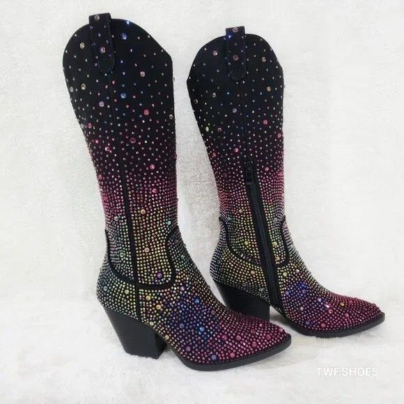 Other Glamour Cowboy Multi Color Ombre Rhinestone Cowgirl Boots Size US 7 / IT 37 - 4 Thumbnail