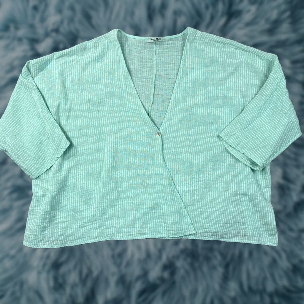 Vintage Meo Meli Italy Mint Green Striped Linen Cotton Gauze V-Neck Boxy Top Ladies One Size Green Striped V-Neck Short Sleeve Gentlemens? Size ONE SIZE - 1 Thumbnail