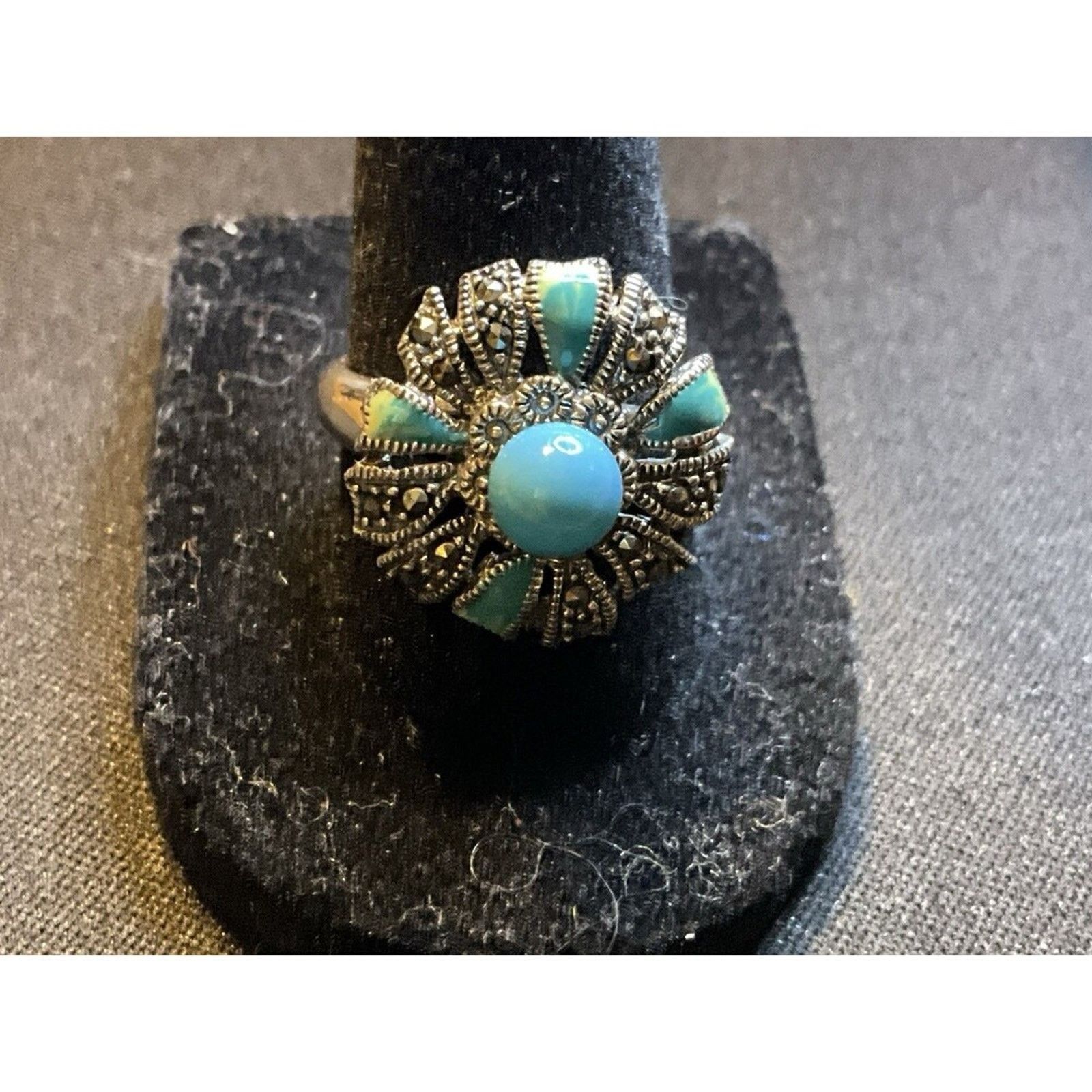 Other 925 Silver Turquoise and Marcasite Flower Ring Size 8.75 Size ONE SIZE - 1 Thumbnail