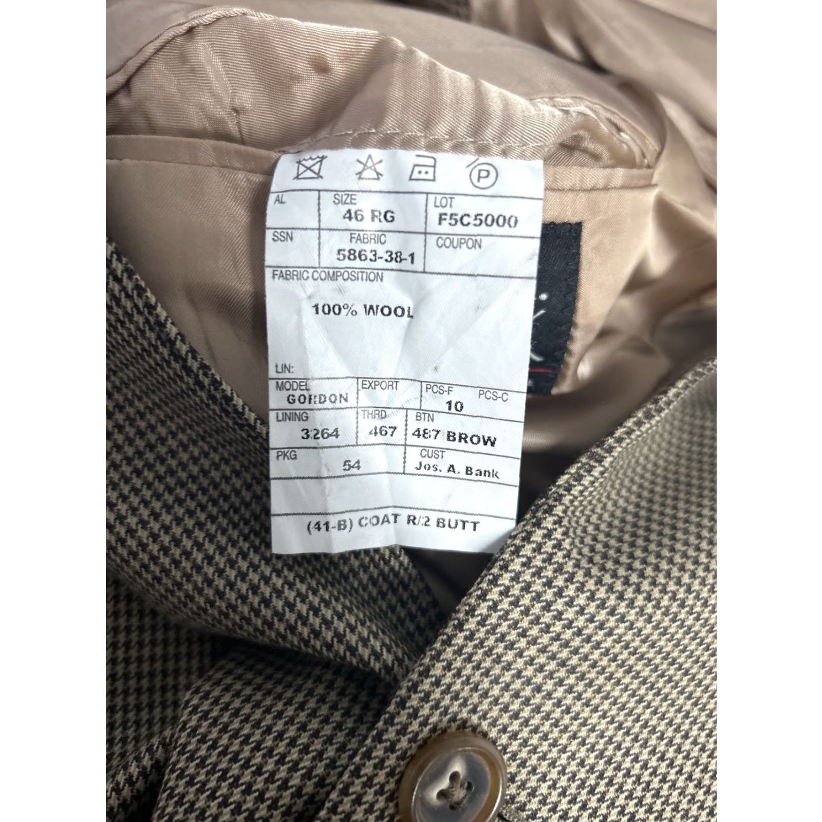 Jos. A. Bank VINTAGE Jos A Bank Brown Houndstooth Two Button Blazer Jacket 100% Wool Men’s 46R Hole Size 46R - 7 Thumbnail