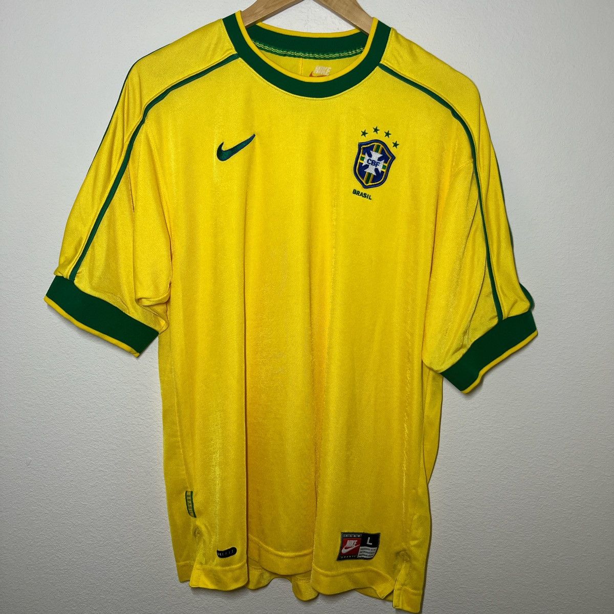 image of Nike x Soccer Jersey Brazil 1998 World Cup Home Jersey in Yellow, Men's (Size Large)