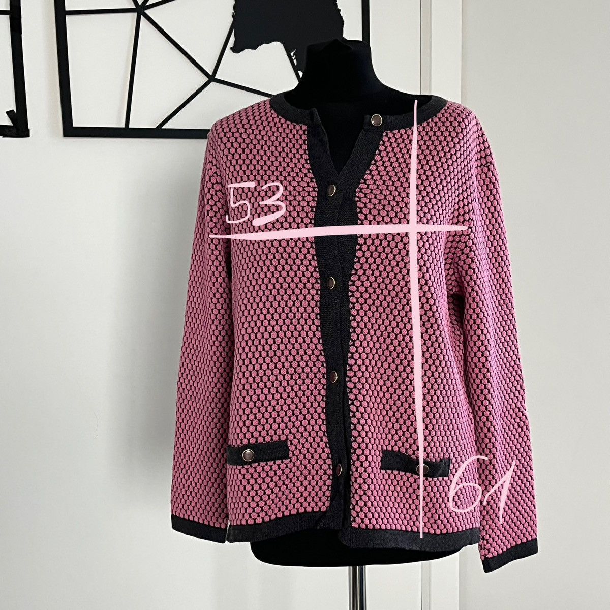 Vintage Pink and black knitted cardigan sweater handmade Size M / US 6-8 / IT 42-44 - 8 Thumbnail