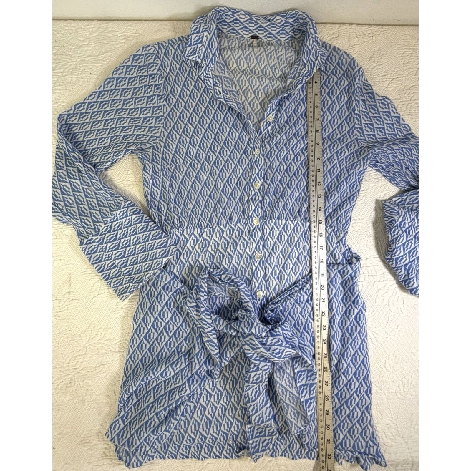 Free People VINTAGE Free People Rillo Blue Patterned Shirt Dress Button Front Beachy Womens Small Size S / US 4 / IT 40 - 4 Thumbnail