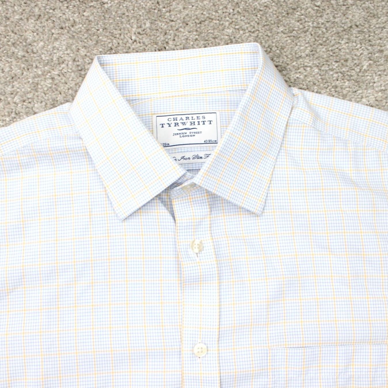Charles Tyrwhitt Charles Tyrwhitt Shirt Mens 17 35 Blue/Yellow Non Iron Slim Fit 100% Cotton L/S Shirt Size US XL / EU 56 / 4 - 6 Thumbnail