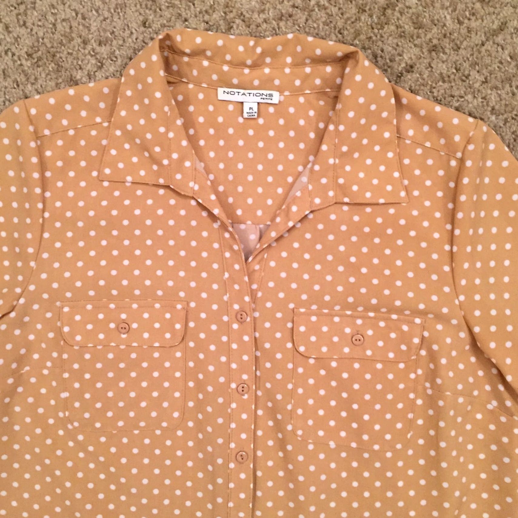 Vintage Notations Petite Womens PL Beige Polka Dot Roll Tab Sleeve Button Front Shirt Size L / US 10 / IT 46 - 2 Thumbnail